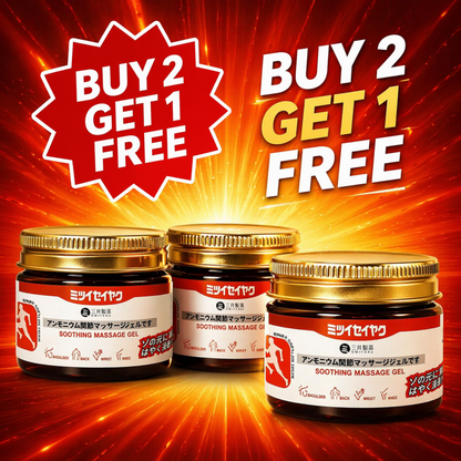Glowylo Japanese pain relief massage gel buy 2 get 1 free offer for muscle soreness, joint stiffness, back, knee, neck and shoulder discomfort