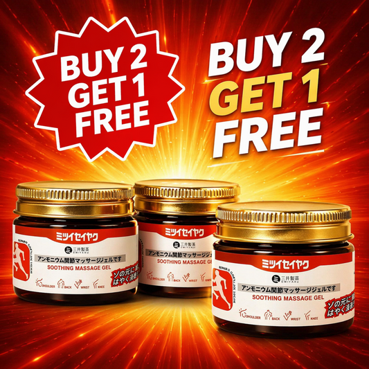 Glowylo Japanese pain relief massage gel buy 2 get 1 free offer for muscle soreness, joint stiffness, back, knee, neck and shoulder discomfort